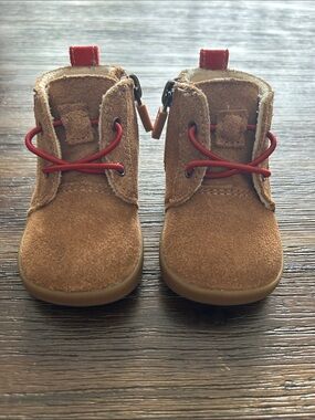 UGG Infant Chestnut Suede Boots with Red Laces - Size 6-12 months